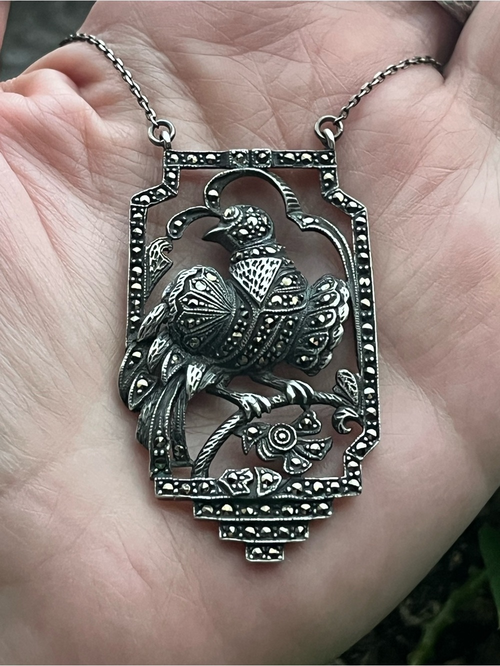 Antique Sterling Silver And Marcasite Bird Necklace - Picture 2 of 16